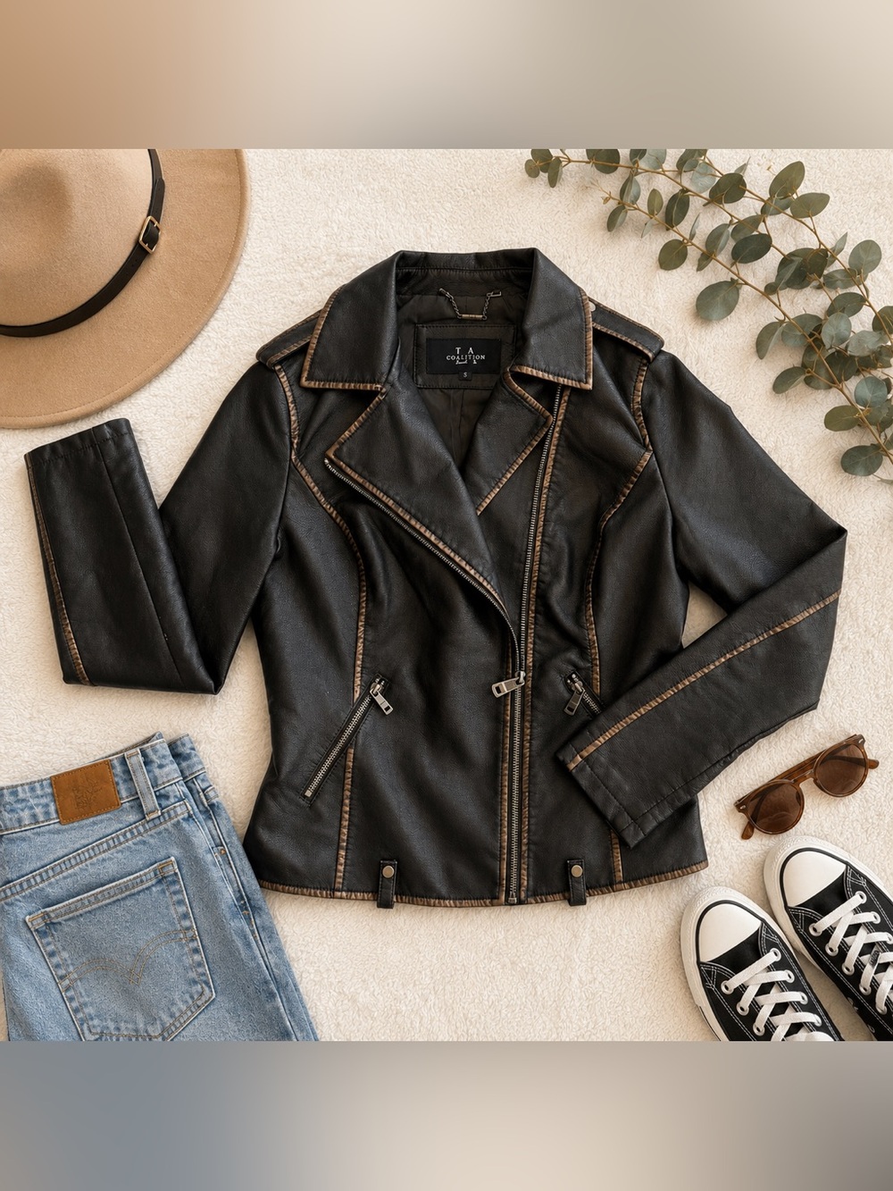 LA Coalition Black Faux Leather Moto Jacket Brown Contrast Trim Women’s M